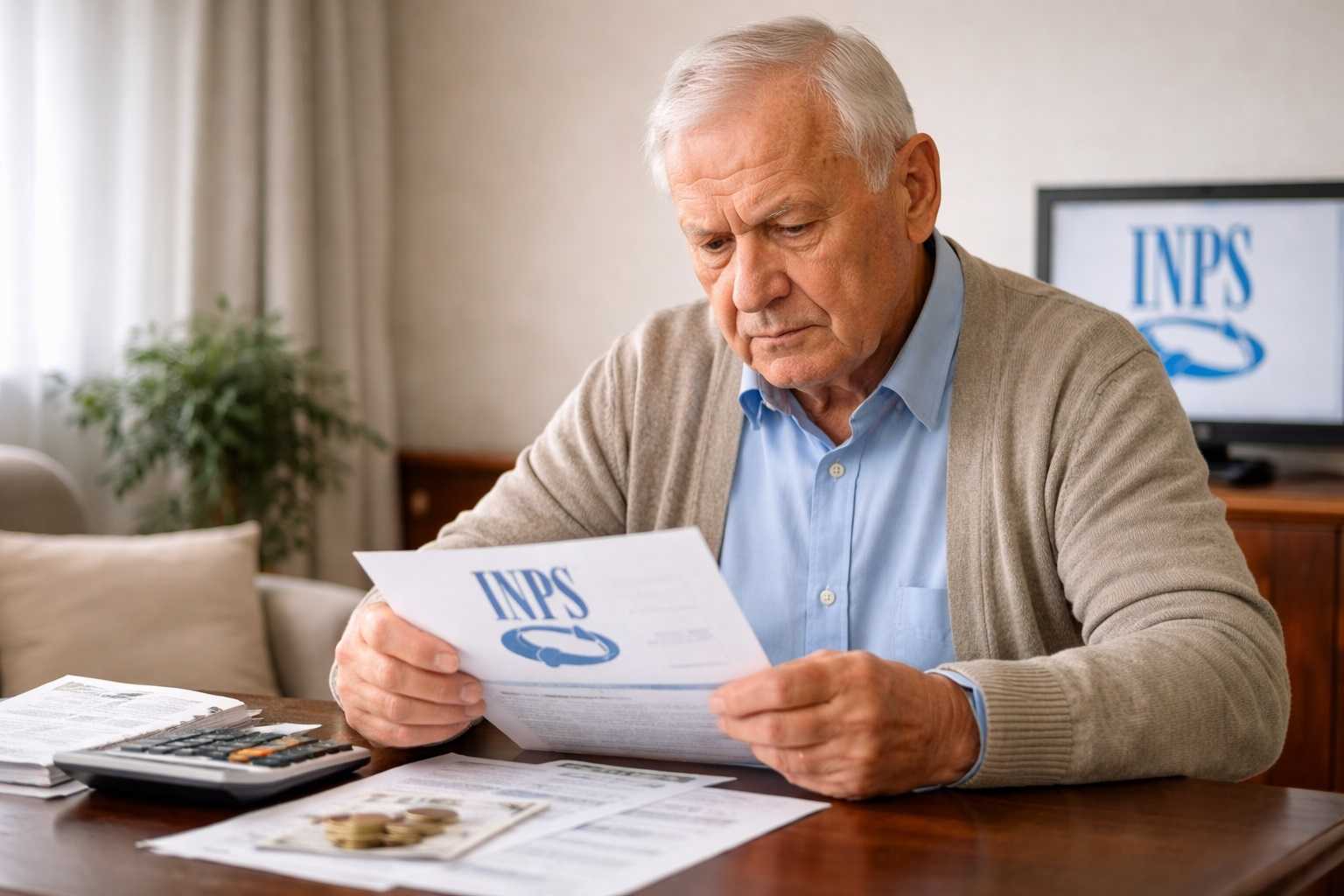 Pensionato controlla un documento INPS per verificare l’integrazione alla pensione minima e l’aumento dell’assegno nel 2026
