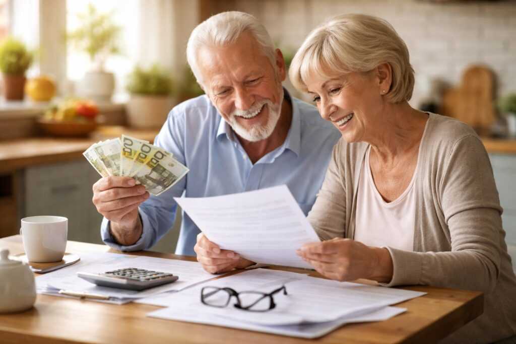 Coppia di pensionati sorridenti che controlla il cedolino della pensione con banconote in euro sul tavolo di casa, simbolo di aumenti e arretrati INPS