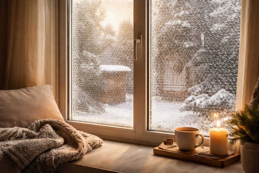 Finestra di casa isolata con pluriball durante l’inverno per ridurre la dispersione di calore e mantenere l’ambiente più caldo.