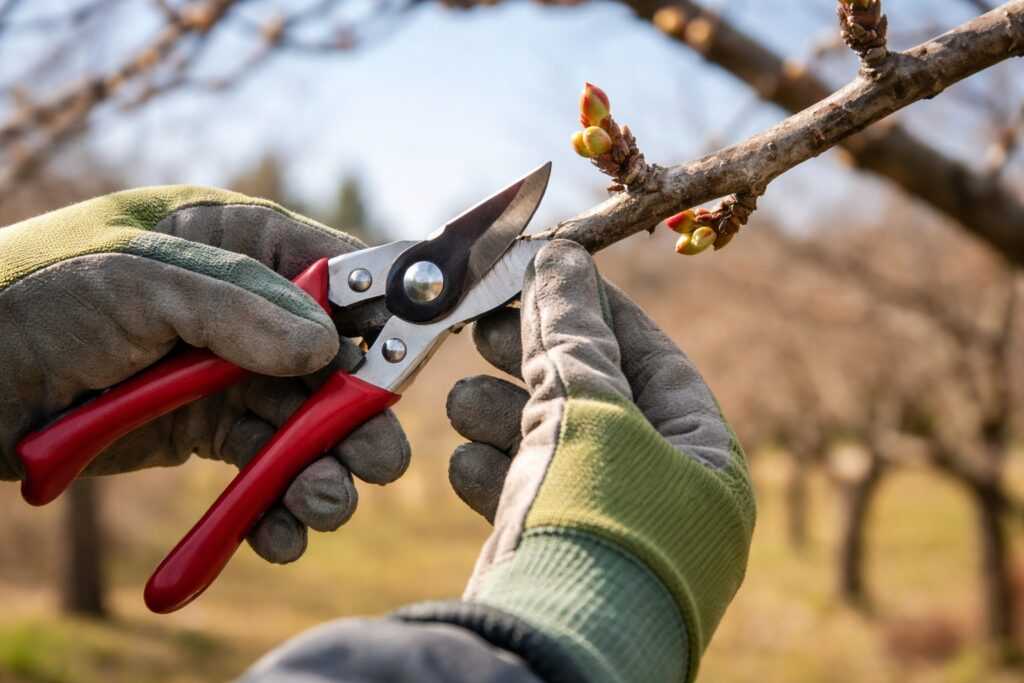 Potatura a gemma su albero da frutto in inverno, taglio preciso sopra la gemma per favorire una crescita sana e più frutti in estate