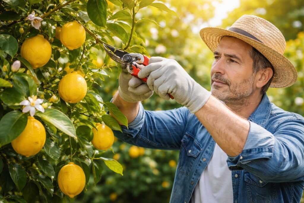 Uomo che pota una pianta di limone a febbraio con forbici da potatura, tra rami verdi, fiori e limoni maturi in giardino.