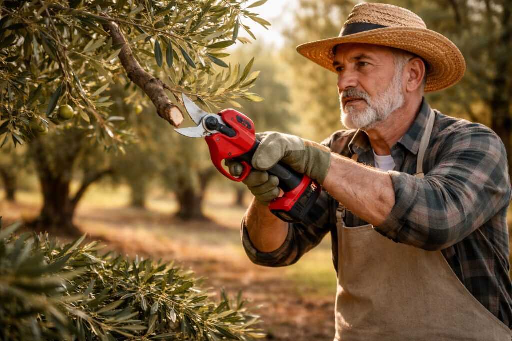 Contadino esperto che pota un olivo a febbraio con forbici da potatura, applicando la regola dei tre rami per migliorare la produzione di olive.