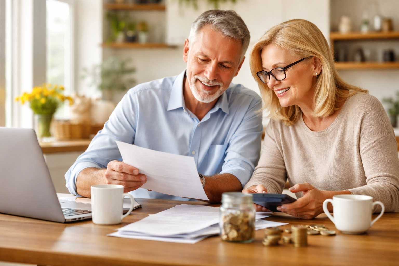 Coppia di pensionati a casa che controlla documenti e conti, simbolo del supplemento di pensione e dell’aumento dell’assegno grazie ai contributi versati dopo il pensionamento.