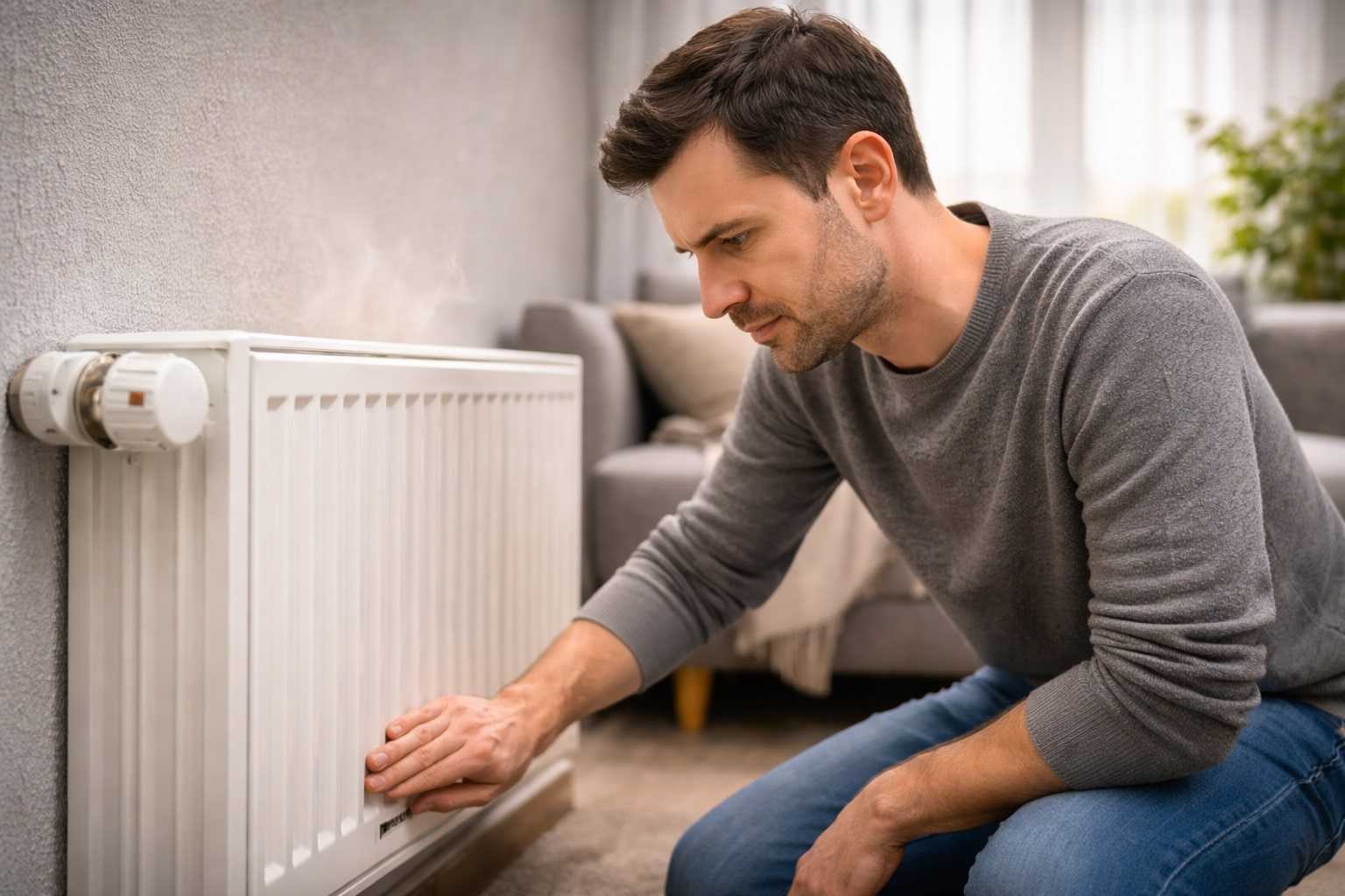 Uomo controlla la parte bassa del termosifone fredda nonostante il riscaldamento acceso