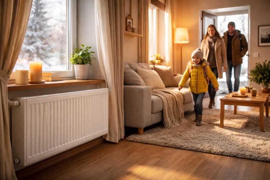 Casa accogliente in inverno con termosifoni accesi e ambiente caldo, esempio di gestione corretta del riscaldamento domestico.