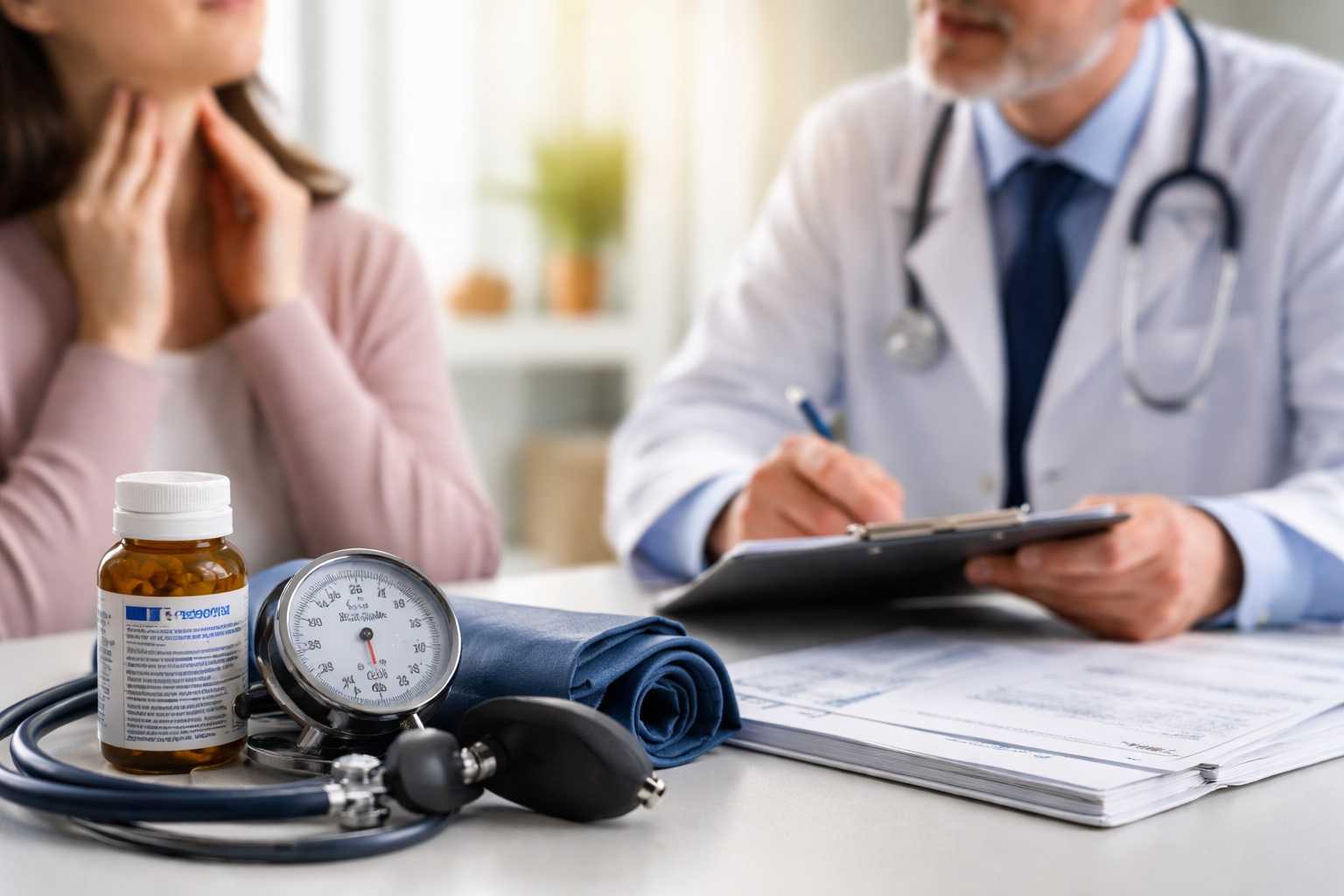 Visita medica con controllo della tiroide e misurazione della pressione arteriosa durante un consulto sanitario, tema di indennità e tutele INPS per patologie croniche.