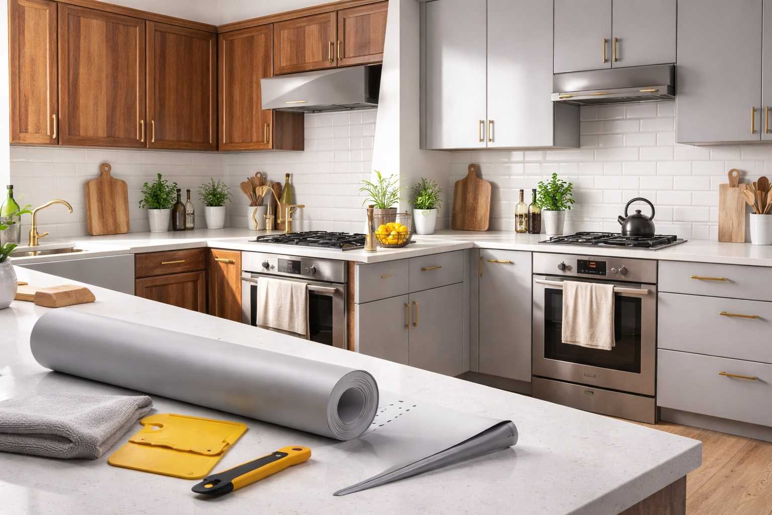 Cucina rinnovata con tecnica di wrapping, mobili rivestiti con pellicola adesiva moderna al posto delle ante in legno, senza sostituire l’arredamento.