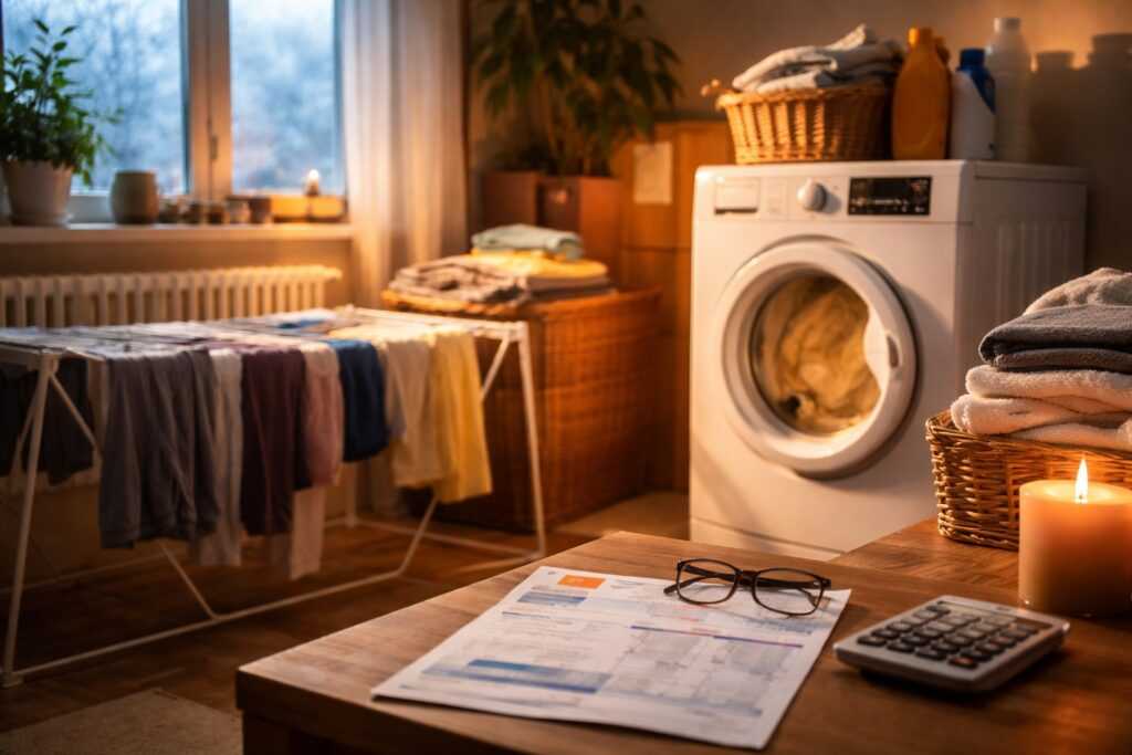 una scena domestica invernale, luce calda, bucato steso da una parte e asciugatrice dall’altra, con una bolletta appoggiata sul tavolo