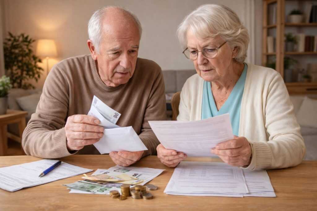 Coppia di anziani che controlla documenti e denaro a casa, simbolo dell’assegno sociale 2026 per over 67 senza contributi.