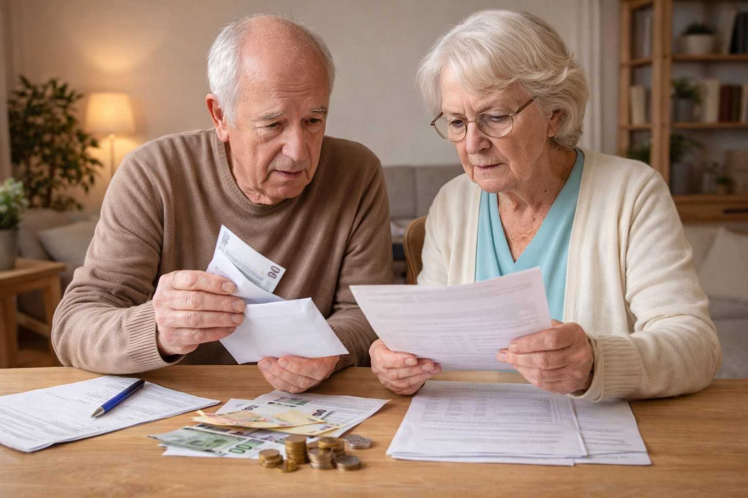 Coppia di anziani che controlla documenti e denaro a casa, simbolo dell’assegno sociale 2026 per over 67 senza contributi.
