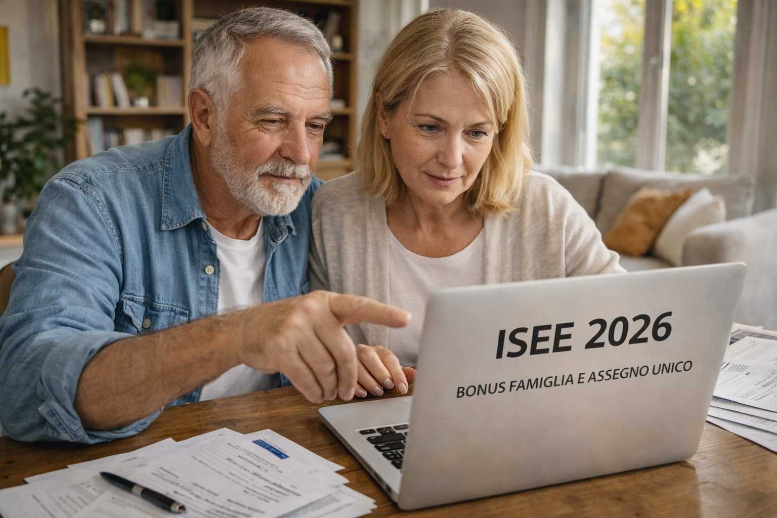 Coppia che calcola il nuovo ISEE 2026 al computer per ottenere i bonus famiglia e l'assegno unico.
