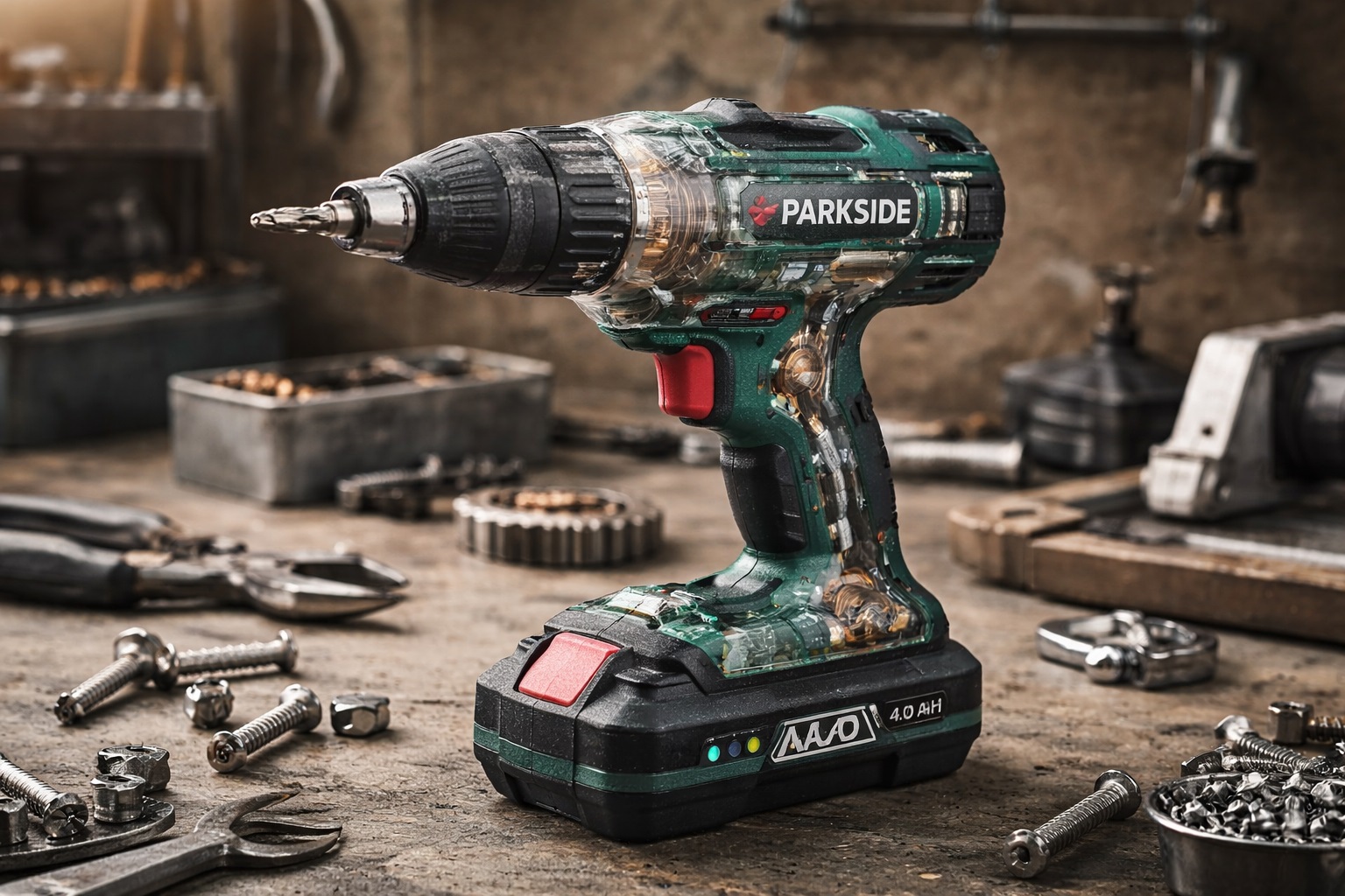 Primo piano di un avvitatore Parkside verde su un banco da lavoro con componenti meccanici interni visibili in trasparenza
