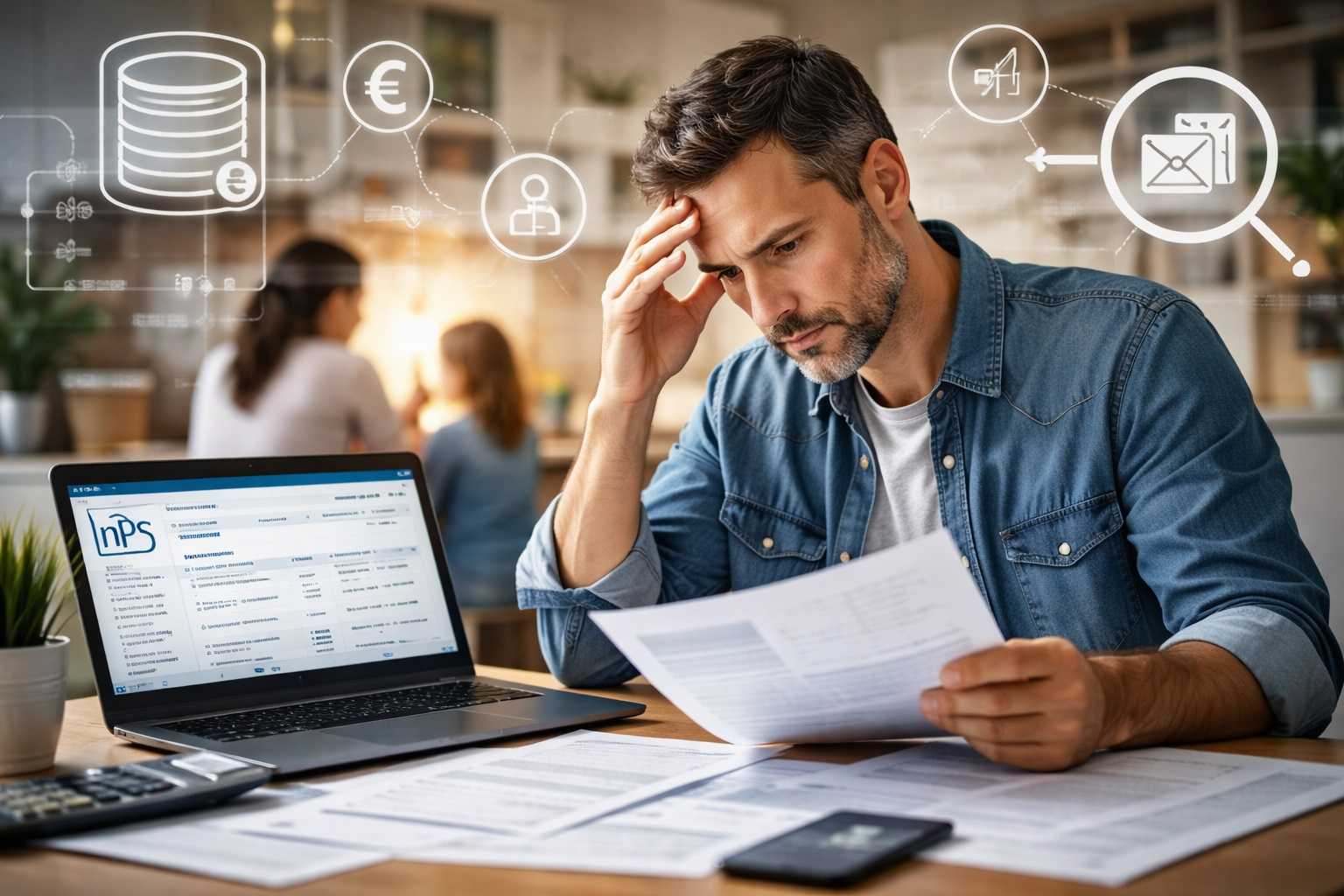 Uomo preoccupato controlla documenti INPS per l’Assegno di Inclusione 2026 con famiglia sullo sfondo e verifiche economiche in corso.