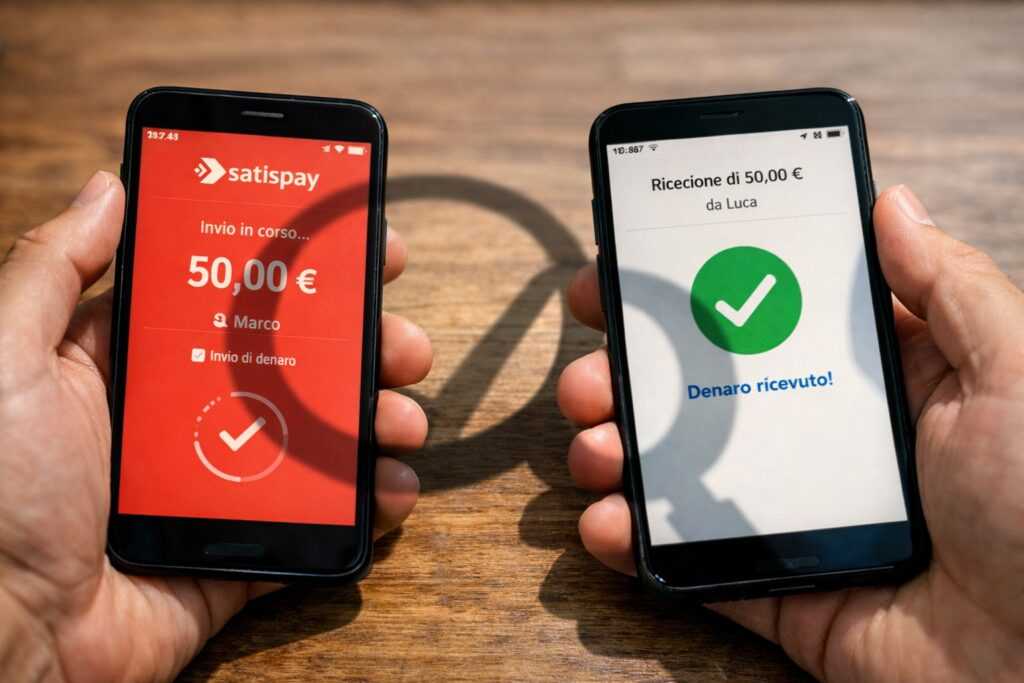 Due smartphone accostati mentre effettuano uno scambio di denaro digitale tramite app, con l'ombra di una lente d'ingrandimento che cade sugli schermi.