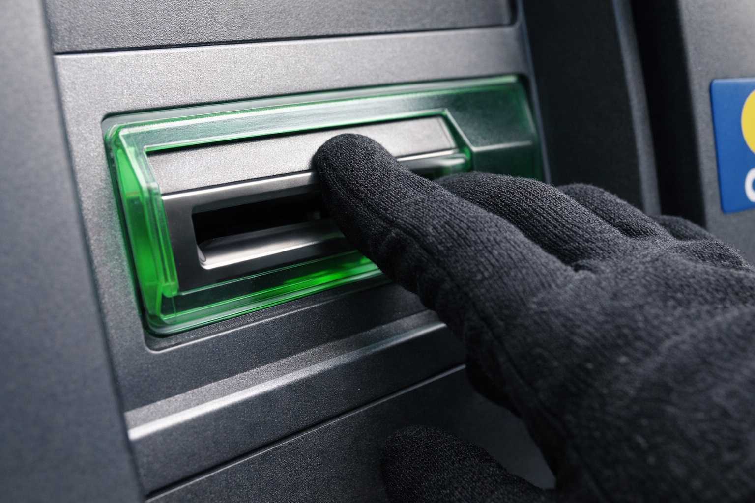 Una mano con guanti neri che preme sul bordo della fessura di un Bancomat per verificare se è presente uno skimmer o una manomissione.