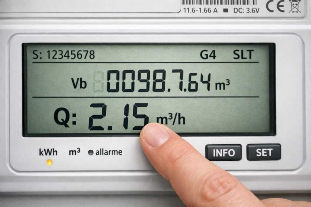 Primo piano del display di un contatore del gas elettronico con una mano che indica la sigla Q e il valore numerico della portata istantanea.