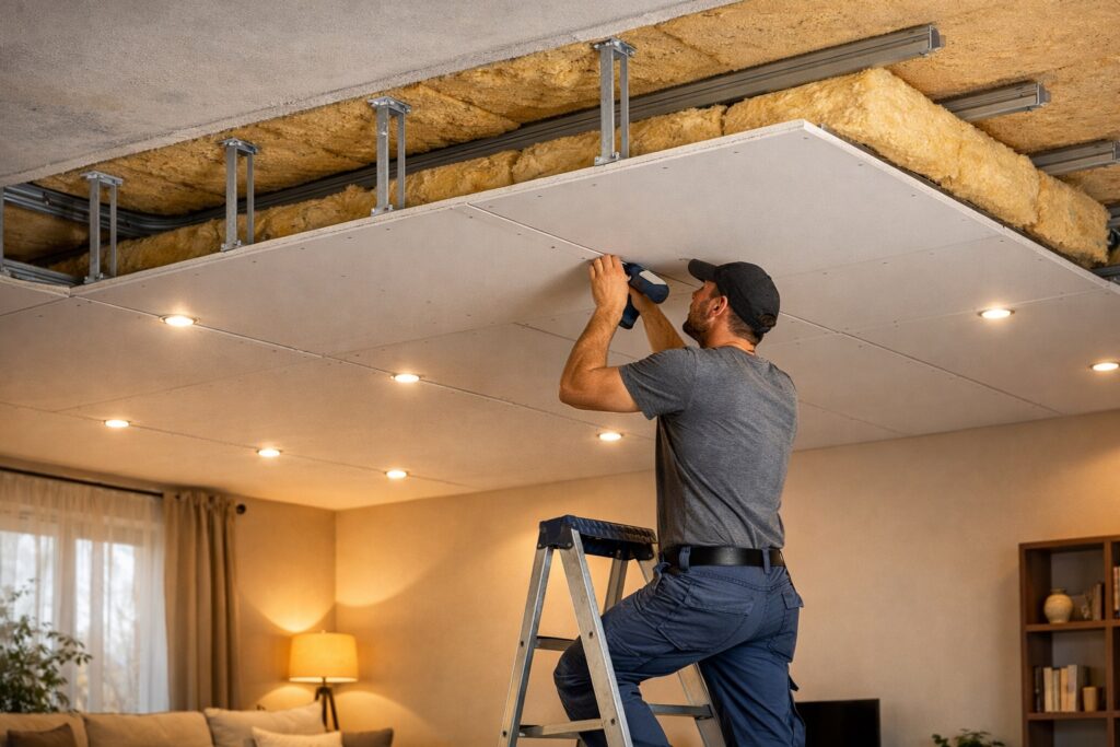 una persona su una scaletta fissa un pannello al soffitto, con sezione “a vista” che mostra lo strato isolante sopra, luce calda e atmosfera accogliente