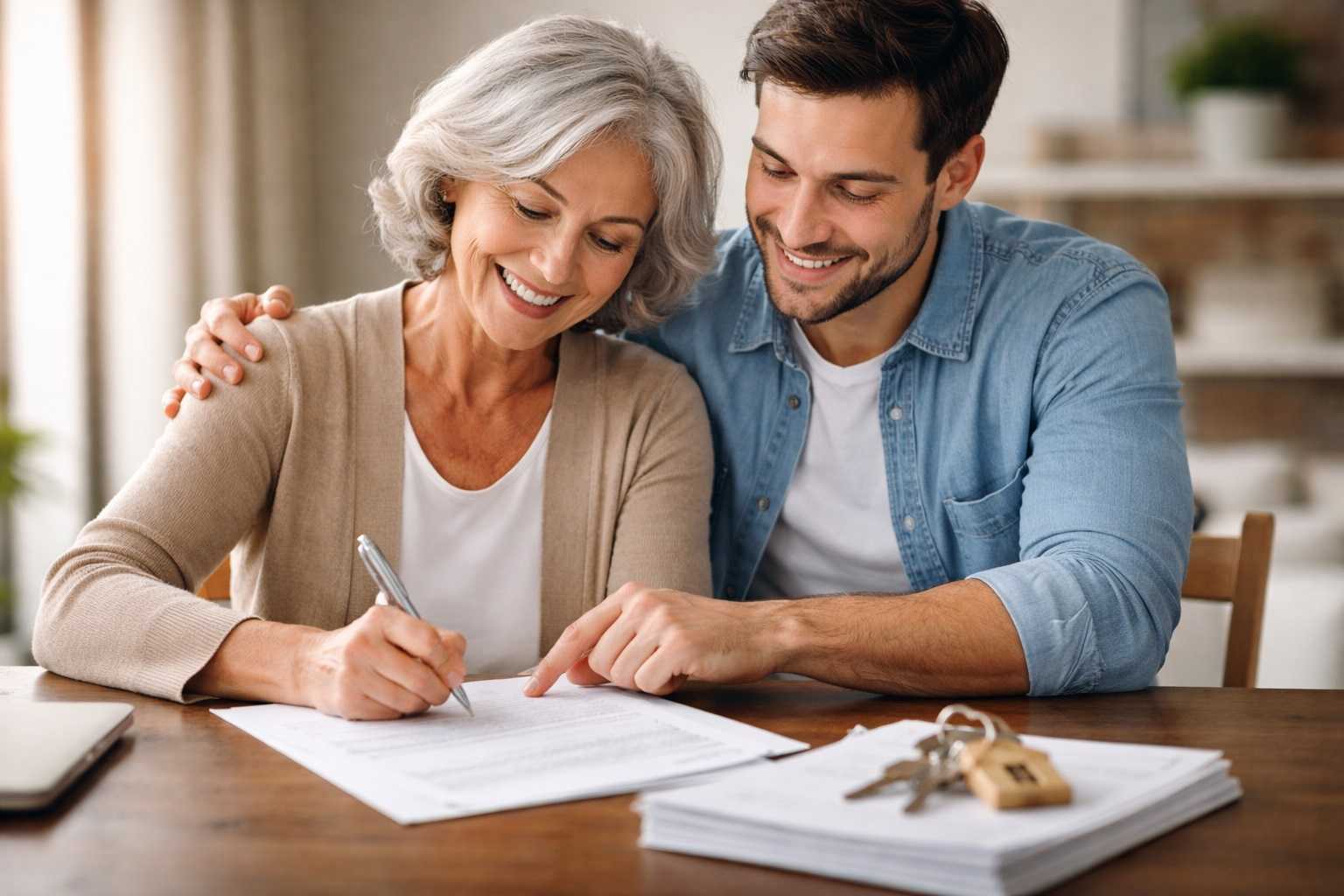 Un genitore e un figlio adulto seduti a un tavolo che firmano con un sorriso un documento ufficiale, con le chiavi di una nuova casa appoggiate sopra una mazzetta di fogli.