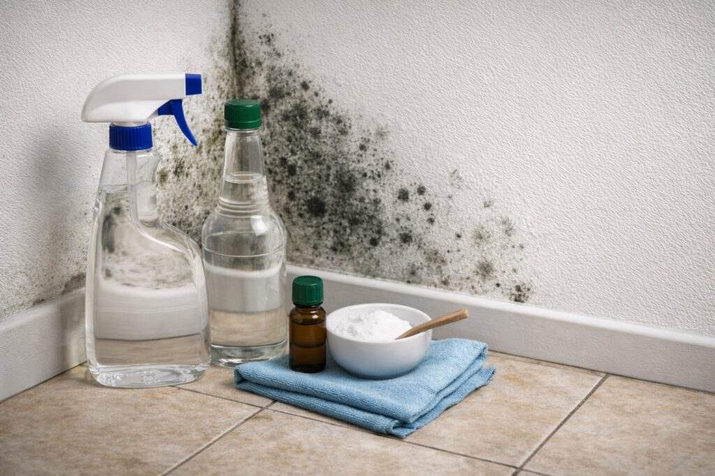 Muffa nera sulle pareti di casa e rimedio naturale con aceto e olio di tea tree per pulire i muri senza candeggina