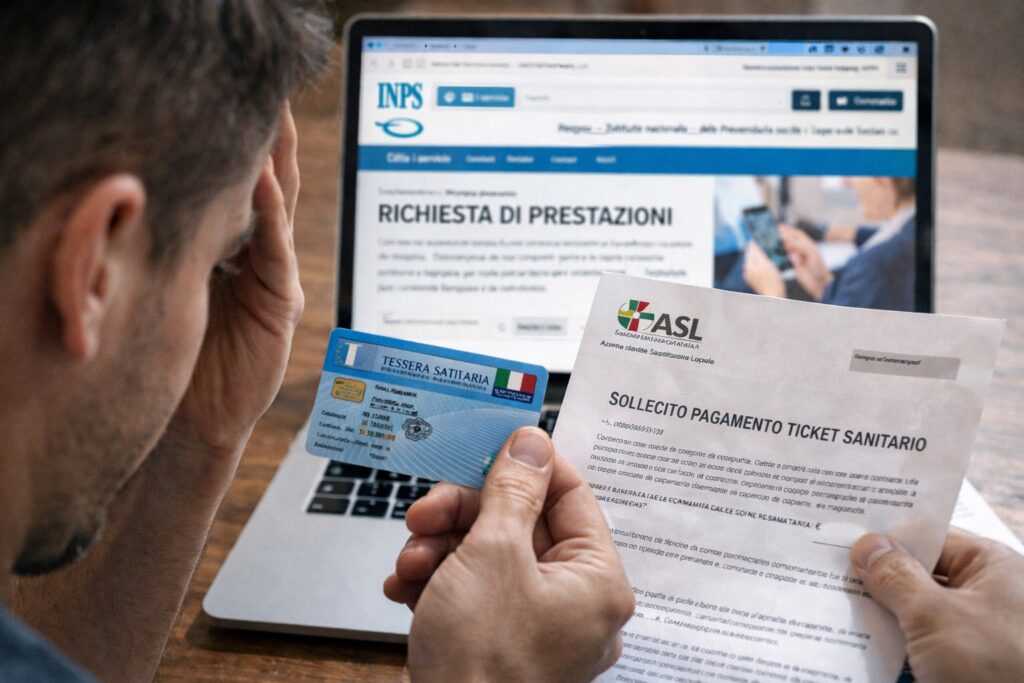 Una persona preoccupata che tiene in mano una tessera sanitaria e una lettera di sollecito dell'ASL, con un computer aperto sul sito dell'INPS.