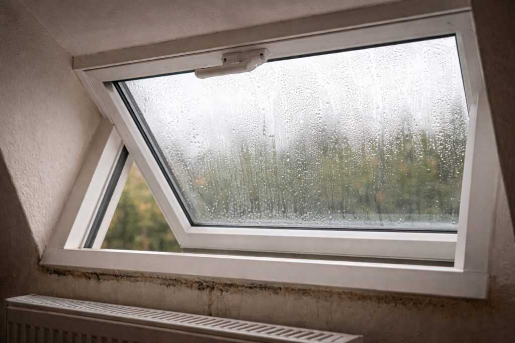 Primo piano di una finestra a vasistas aperta con condensa sul vetro, esempio di errore comune che causa muffa e spreco di riscaldamento in casa.