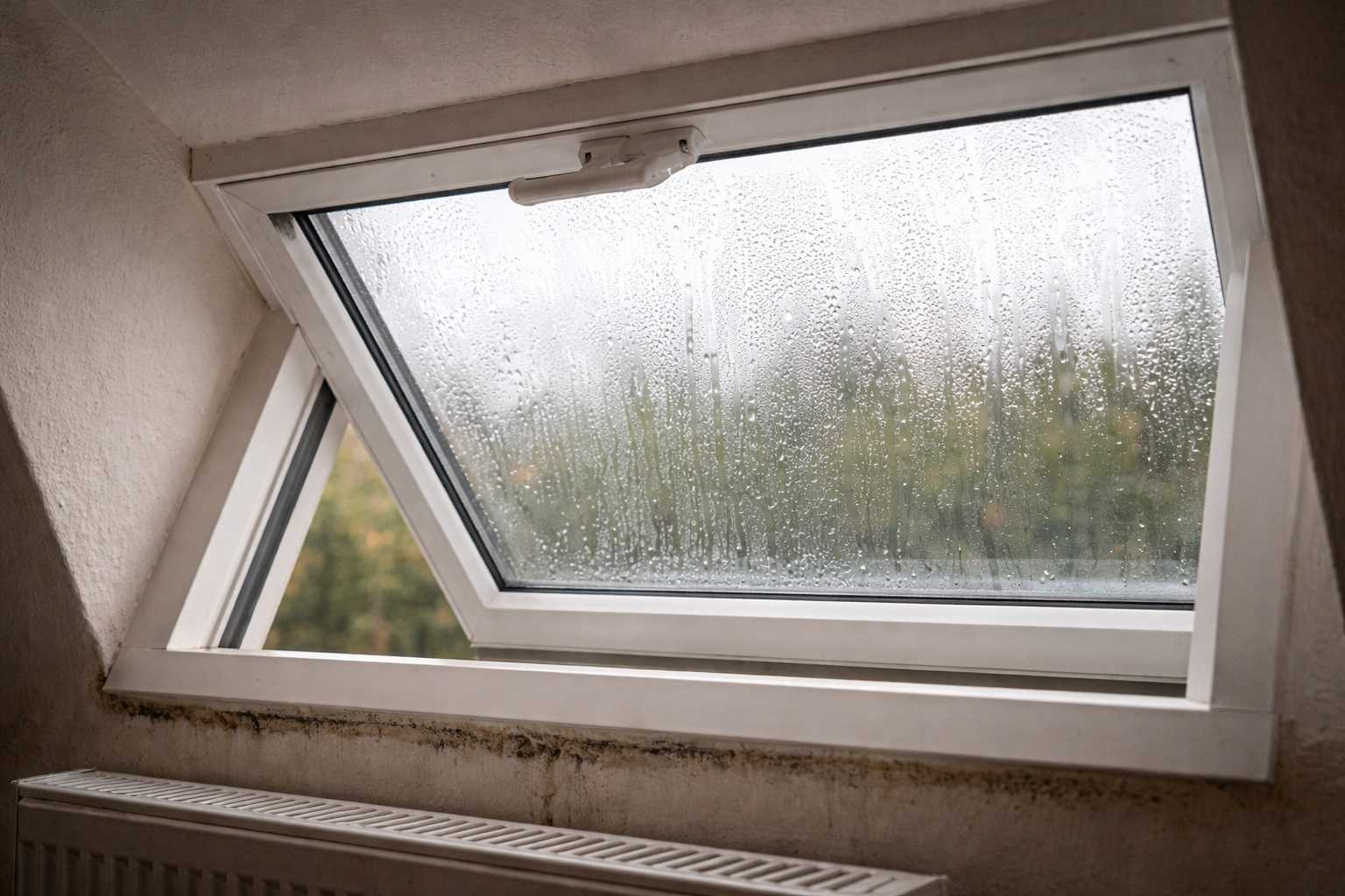 Primo piano di una finestra a vasistas aperta con condensa sul vetro, esempio di errore comune che causa muffa e spreco di riscaldamento in casa.
