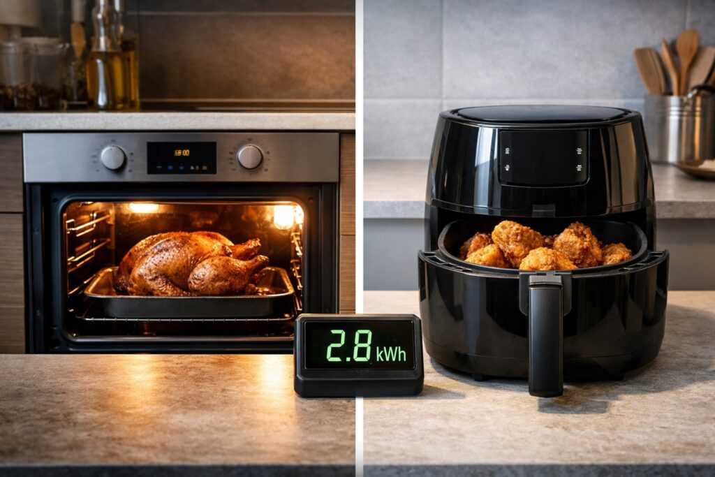 Una cucina domestica moderna divisa a metà: da un lato un forno acceso con pollo arrosto dorato, dall’altro una friggitrice ad aria con cestello aperto e pollo croccante. In sovrimpressione un piccolo display digitale con consumo in kWh