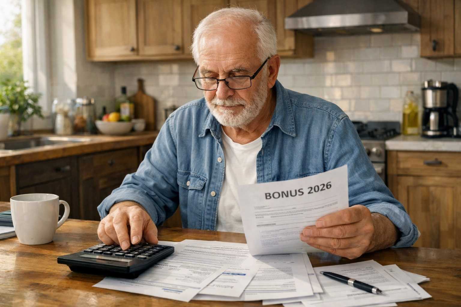 Anziano pensionato che consulta i documenti per i bonus 2026 con calcolatrice e occhiali in una cucina illuminata