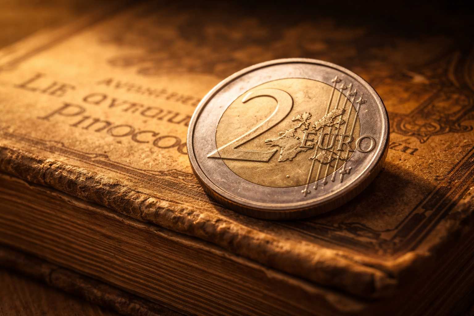 Primo piano della moneta da 2 euro commemorativa Carlo Collodi 2026 con l'immagine di Pinocchio e finitura Reverse Proof luccicante su fondo satinato.