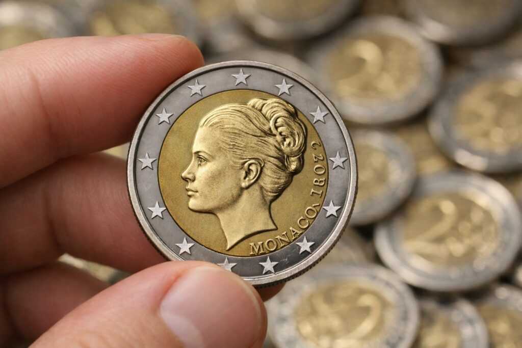 Primo piano di una mano che tiene una moneta da 2 euro rara del Principato di Monaco con il profilo di Grace Kelly su uno sfondo sfocato di altre monete comuni.