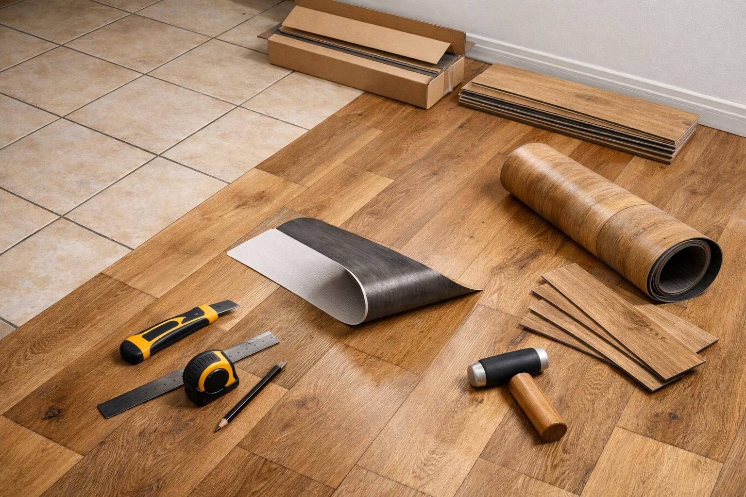 Posa di pavimento in PVC adesivo effetto legno sopra vecchie piastrelle, lavoro fai da te senza muratori e senza polvere