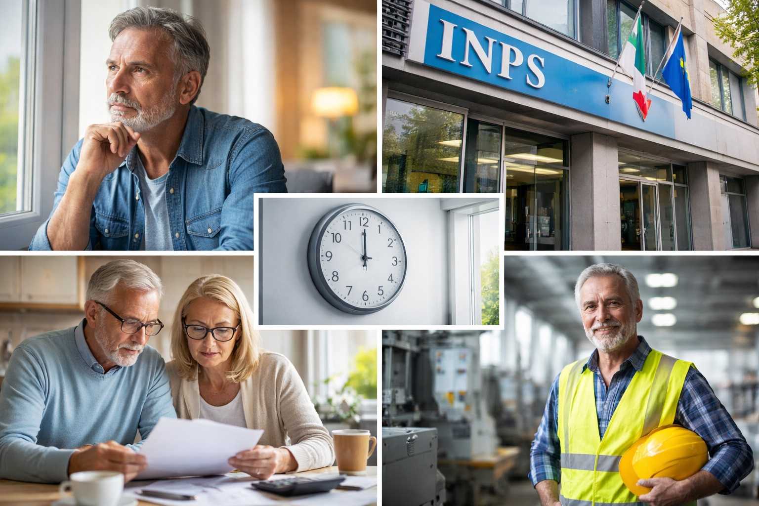 Lavoratori italiani maturi riflettono sul pensionamento anticipato nel 2026 tra casa, lavoro e uffici previdenziali.