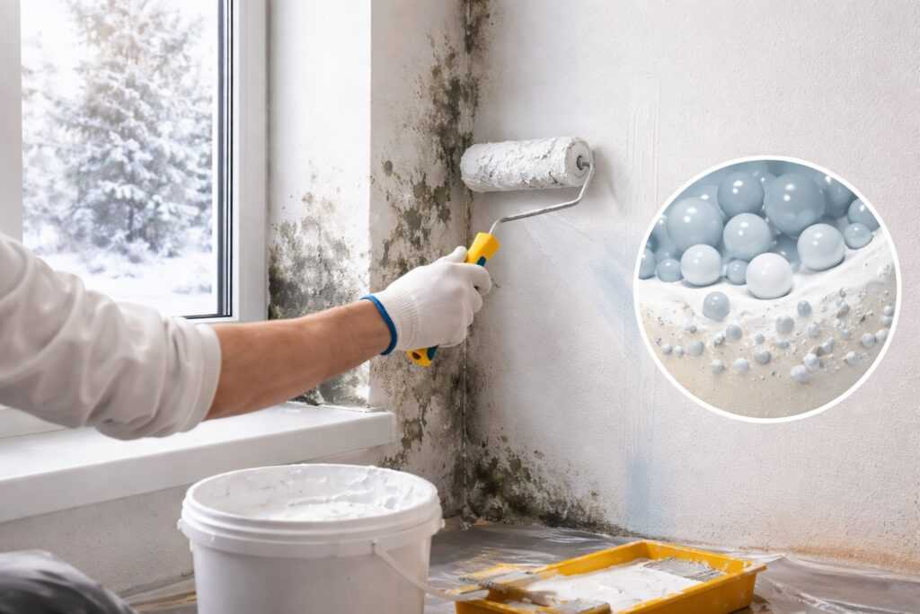 Applicazione di pittura termica con microsfere di ceramica su una parete interna per ridurre muffa, condensa e freddo.