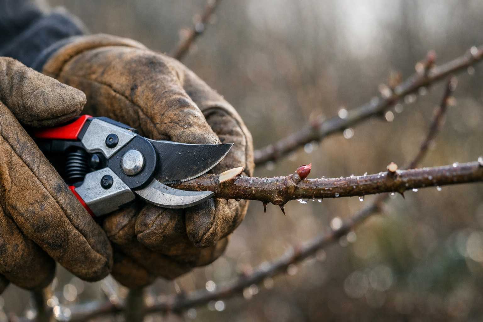 Taglio corretto di un ramo di rosa sopra la gemma durante la potatura di febbraio in giardino