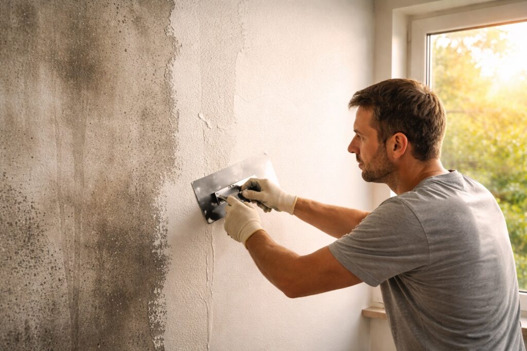 Applicazione di rasante termico su parete interna di casa con spatola, miglioramento isolamento senza cappotto esterno