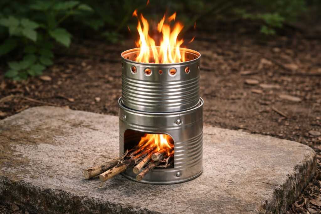 Piccola stufa pirolitica artigianale fatta con barattoli di latta in funzione, con fiamme brillanti che escono dai fori superiori e zero fumo visibile.