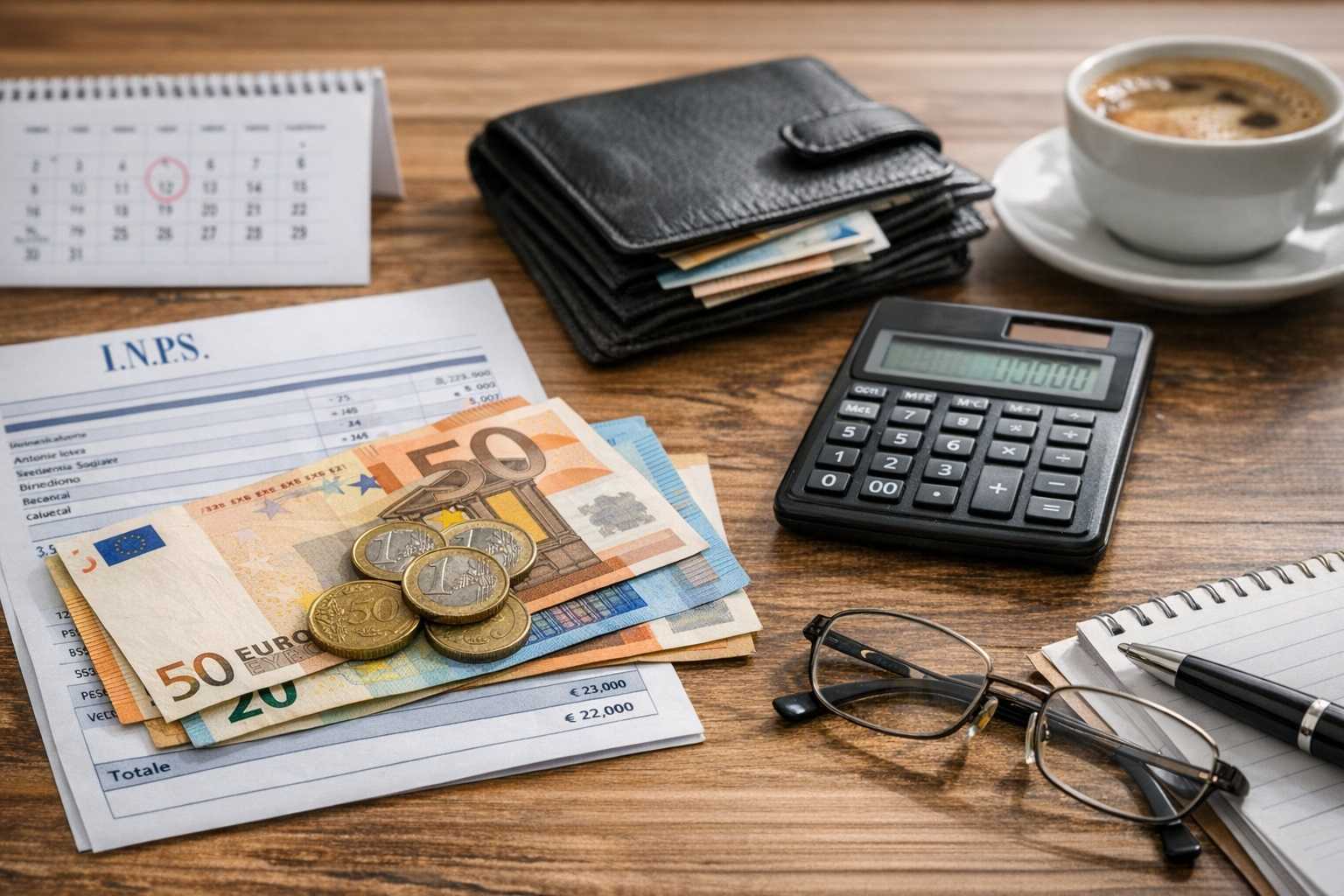 Cedolino pensione INPS con calcolo Irpef 2026, banconote in euro e strumenti per il conteggio delle tasse, simbolo del taglio fiscale sulle pensioni.