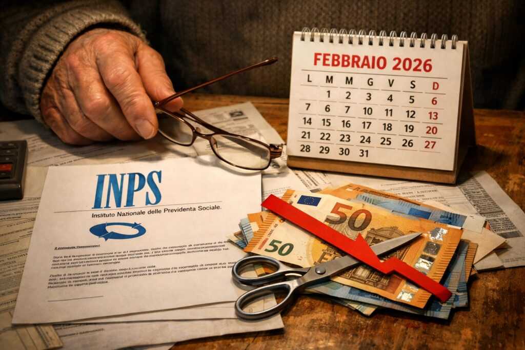 Mani di un anziano italiano su documenti INPS con calendario febbraio 2026 e banconote euro segnate da un taglio, simbolo di preoccupazione economica.