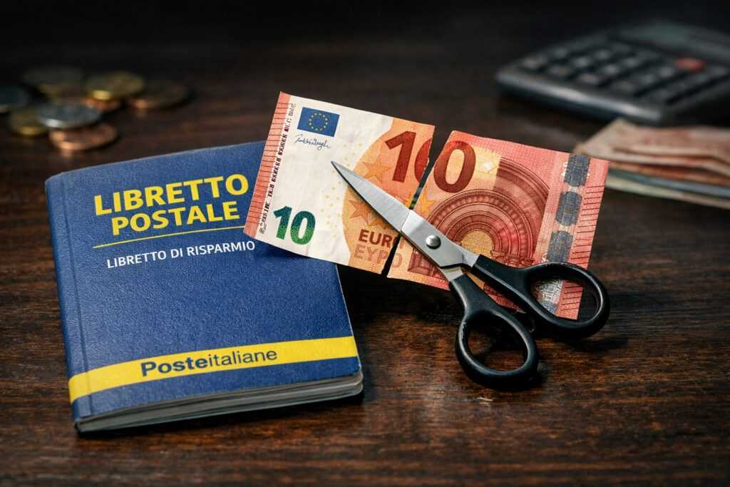 Libretto Postale classico in primo piano con sopra una piccola forbice che taglia simbolicamente una banconota da 10 euro