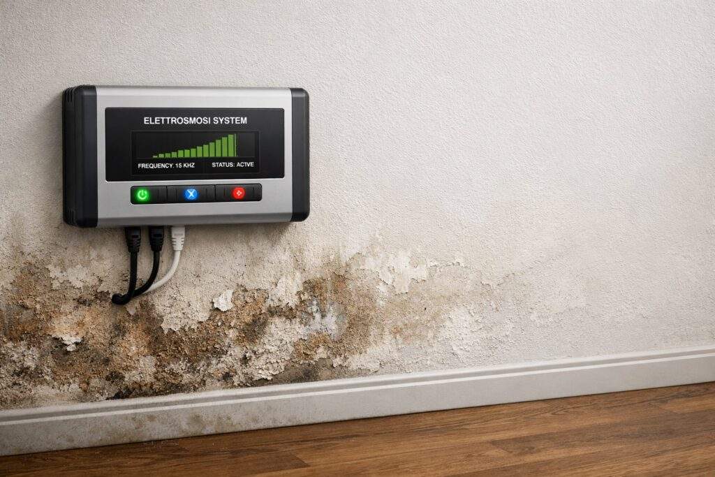 Centralina elettronica moderna per elettrosmosi installata su una parete interna con segni di umidità di risalita che iniziano a scomparire.