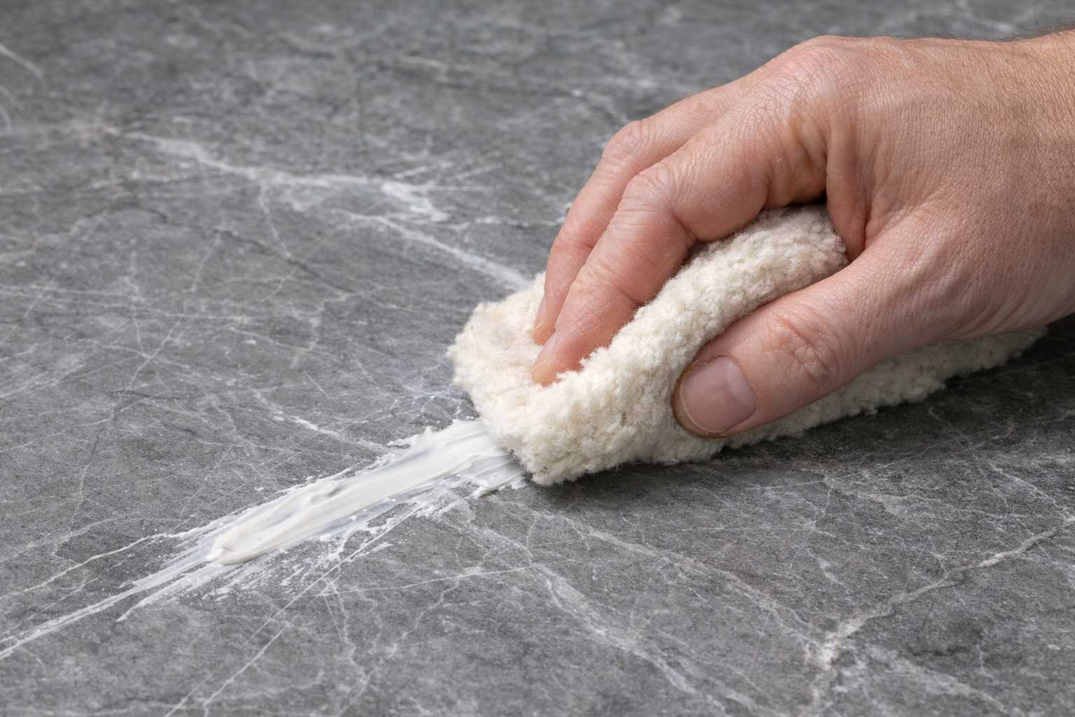 Una persona strofina con un panno di lana una pasta bianca di bicarbonato su una venatura di un pavimento in marmo grigio per rimuovere graffi visibili.