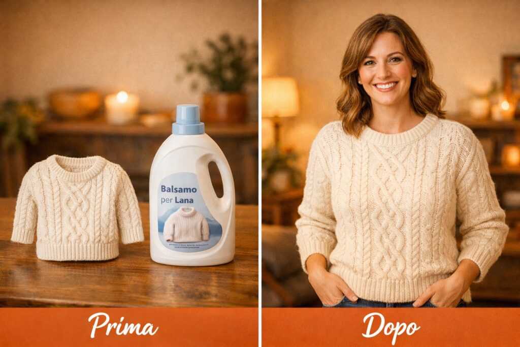 A sinistra un maglione visibilmente rimpicciolito accanto a un flacone di balsamo, a destra la stessa persona che indossa il maglione perfettamente recuperato e sorride.