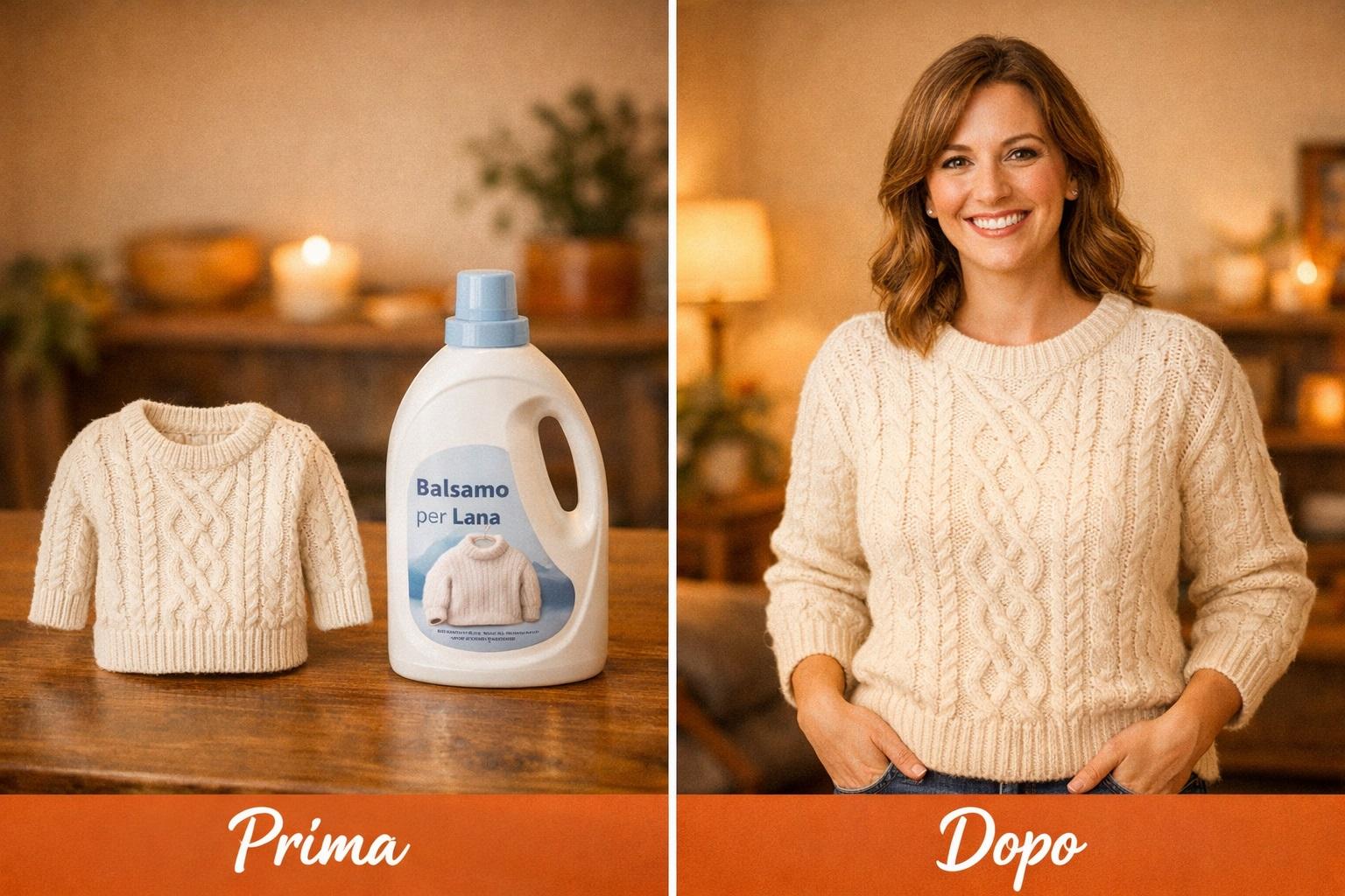 A sinistra un maglione visibilmente rimpicciolito accanto a un flacone di balsamo, a destra la stessa persona che indossa il maglione perfettamente recuperato e sorride.