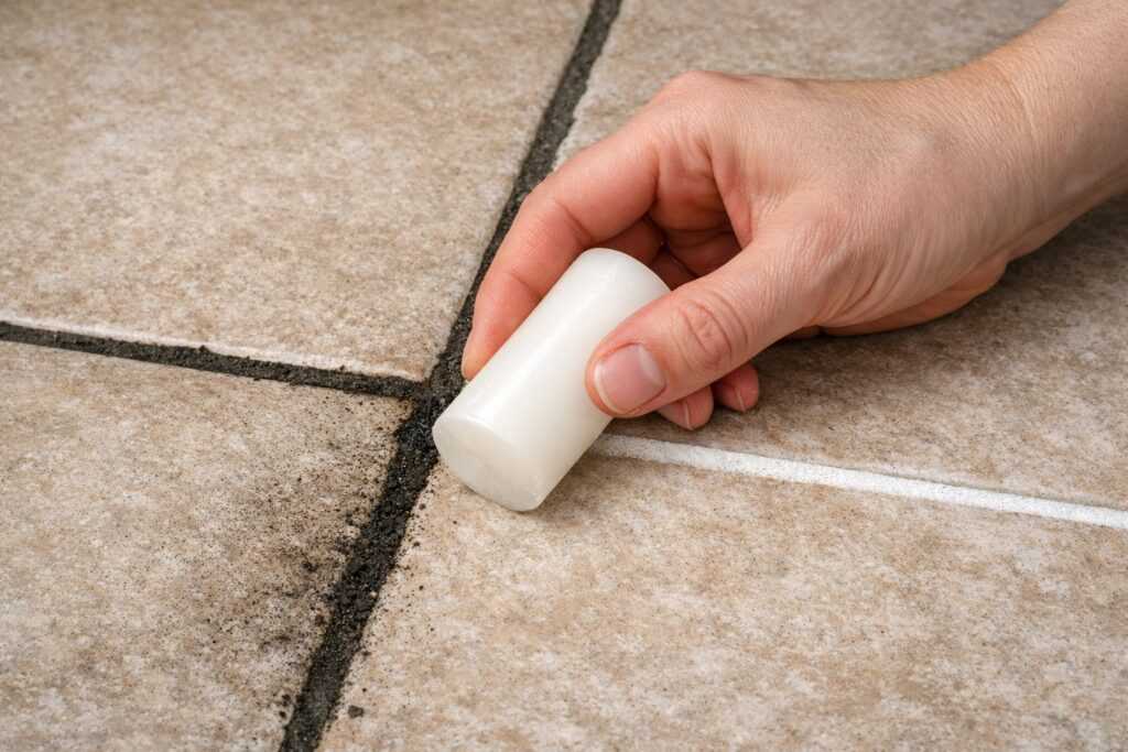 Una mano che strofina una candela bianca lungo le fughe sporche di un pavimento in ceramica, mostrando il contrasto tra la parte nera e quella pulita.