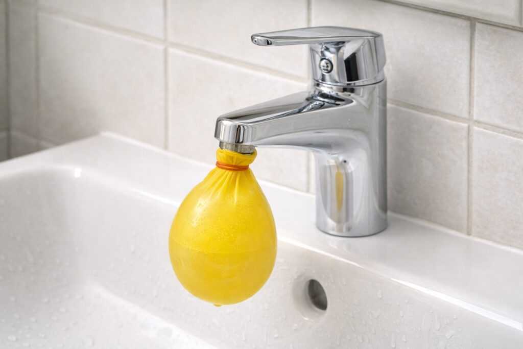 Un palloncino colorato legato alla bocca di un rubinetto cromato in bagno per rimuovere il calcare dal filtro senza smontarlo.