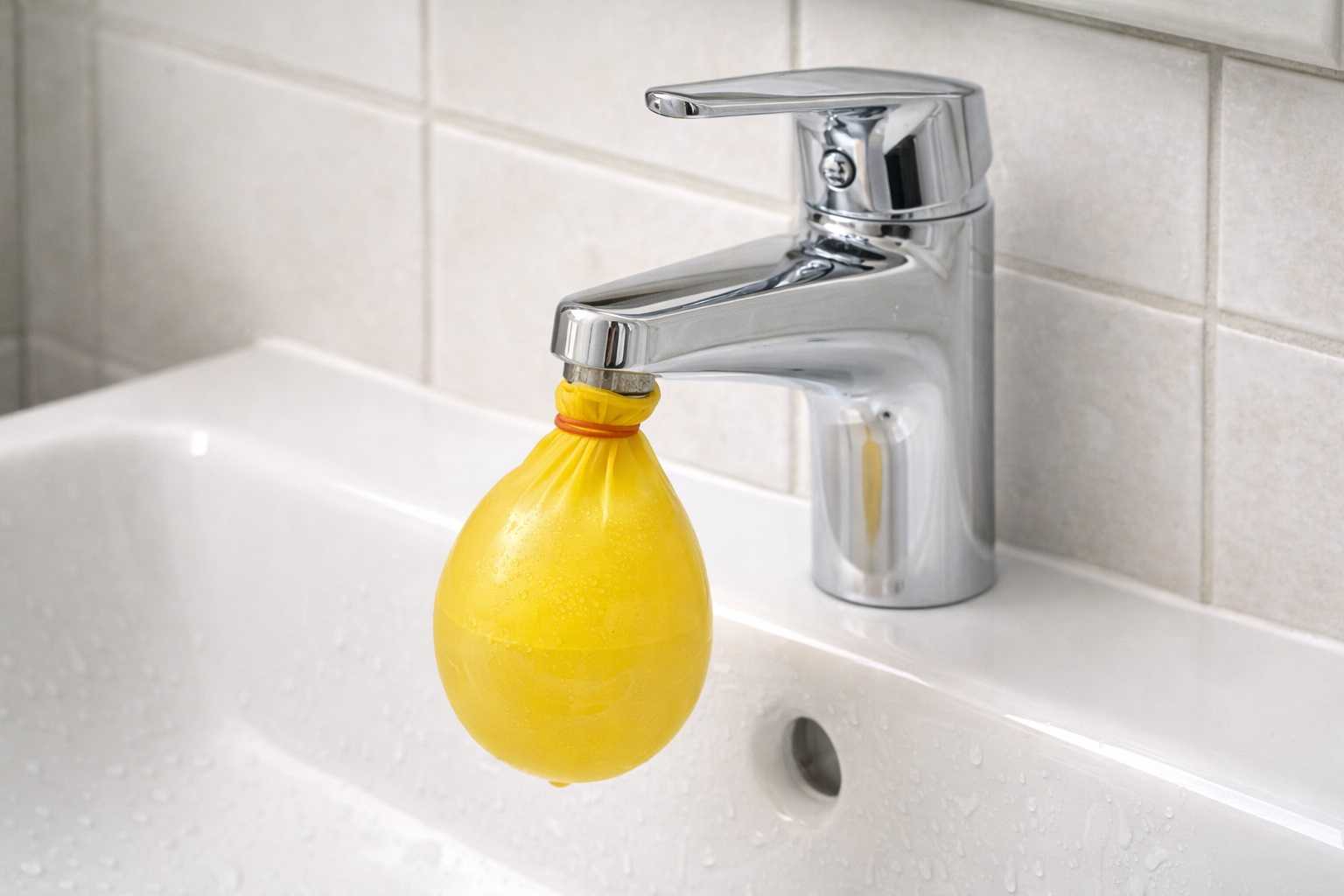 Un palloncino colorato legato alla bocca di un rubinetto cromato in bagno per rimuovere il calcare dal filtro senza smontarlo.