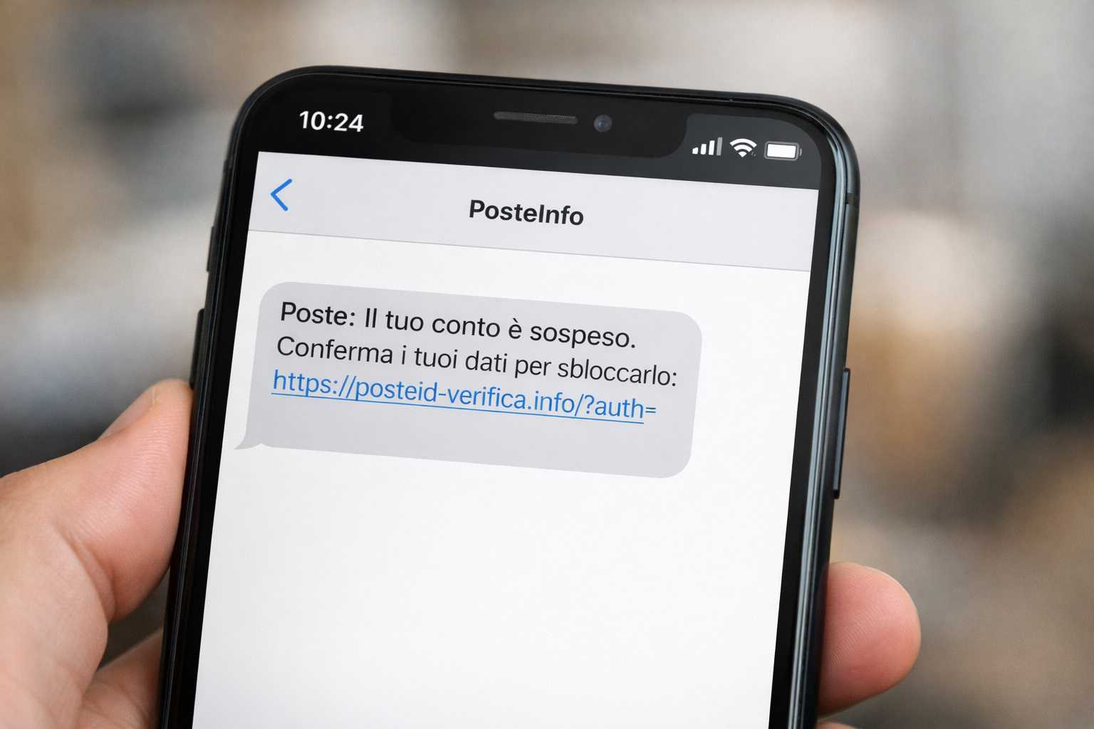 Primo piano di uno smartphone che riceve un SMS di phishing da Poste italiane con un link pericoloso su sfondo sfocato.