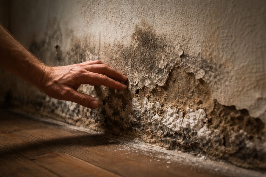 Parete interna con intonaco rovinato e macchie di umidità di risalita vicino al pavimento in una casa al piano terra