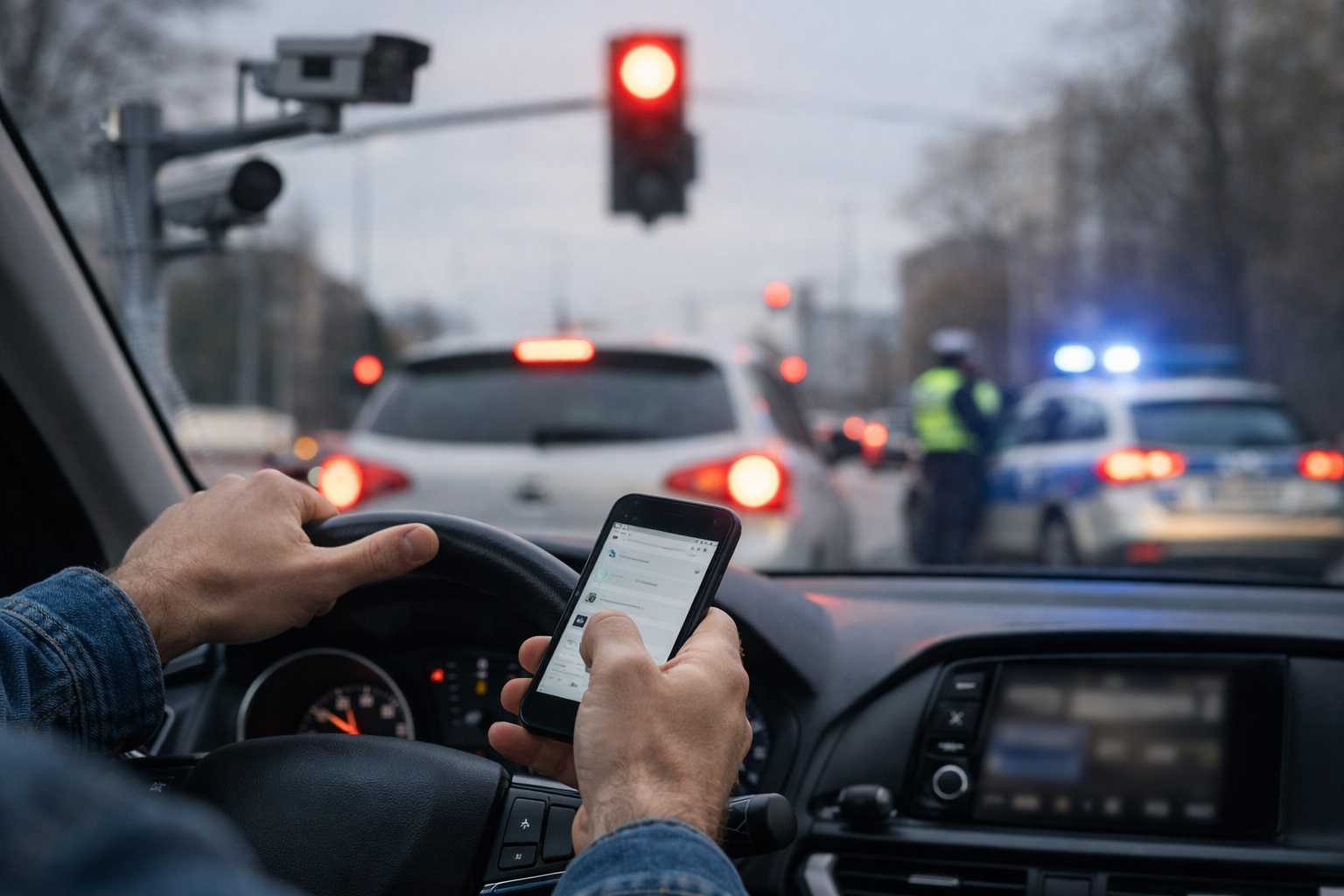 Conducente fermo al semaforo rosso che usa lo smartphone in auto sotto controllo di polizia e telecamere stradali.