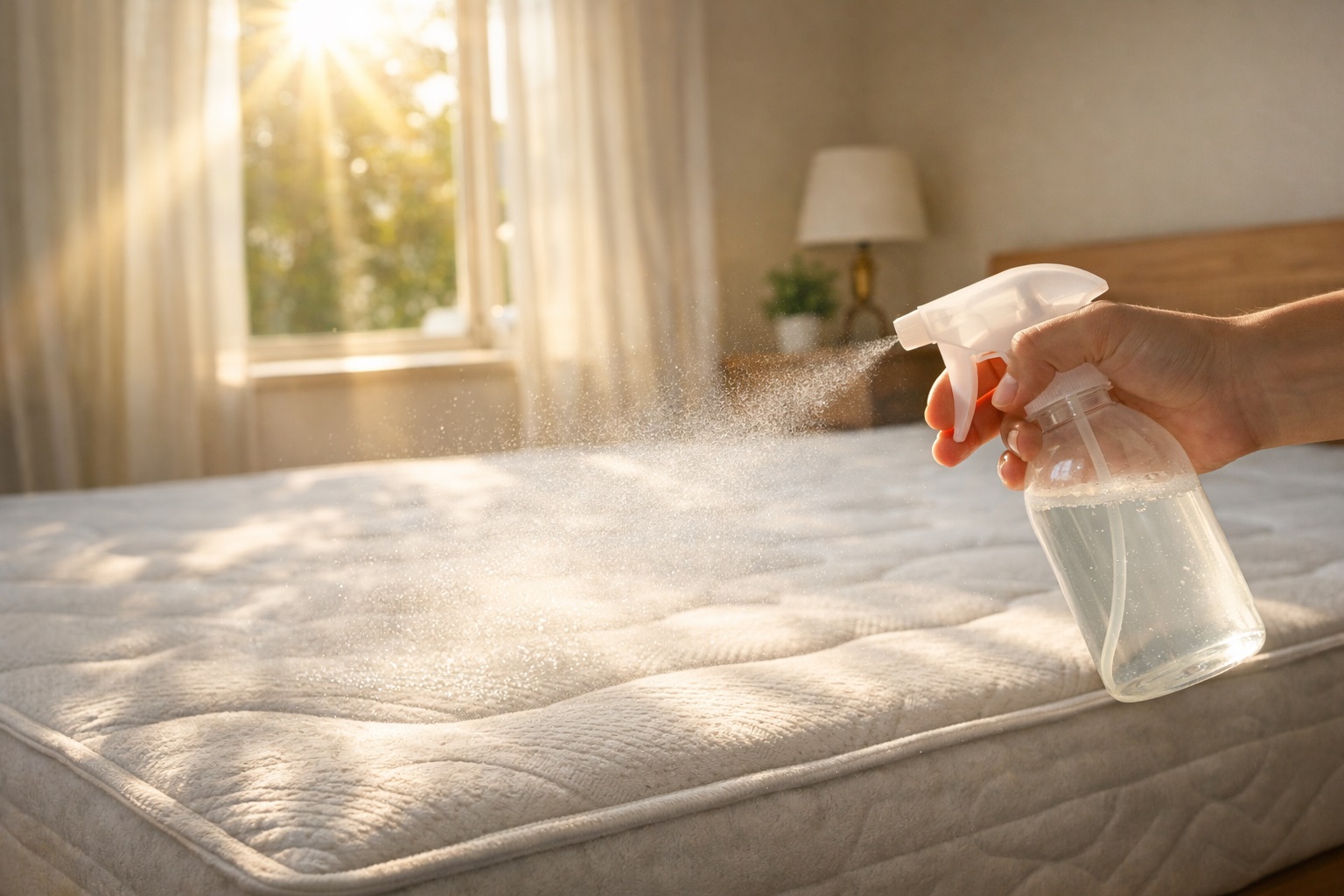 Una camera da letto luminosa con il materasso scoperto. Una mano spruzza una soluzione naturale con uno spruzzino sul materasso mentre i raggi del sole illuminano la stanza